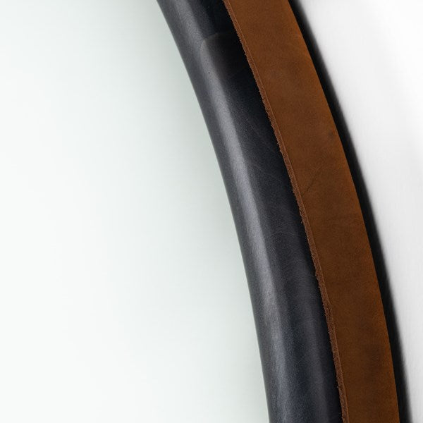 Four Hands Stylish Rounded Mirror with Toffee Leather and Iron Hardware